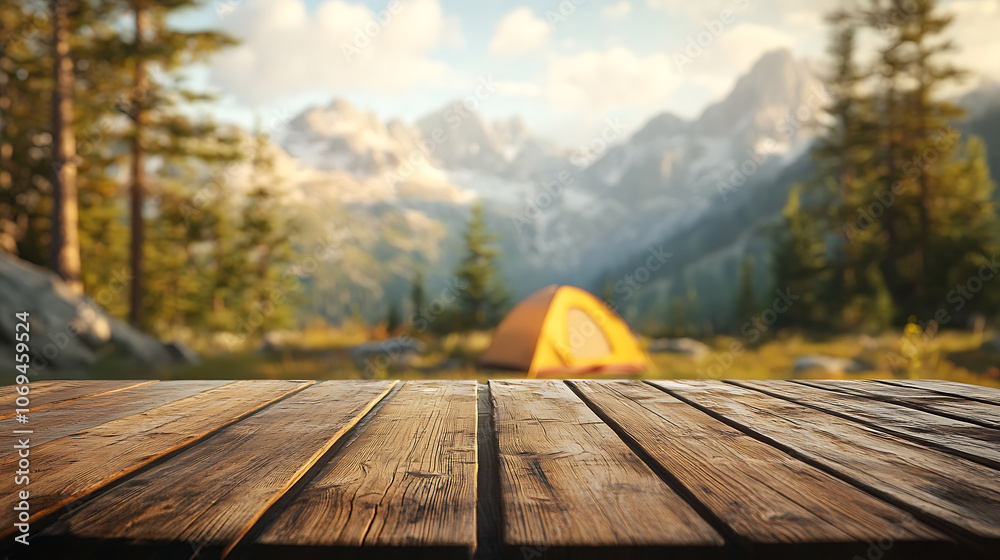 Poster wooden table background of free space for your decoration and blurred background of camping in mount