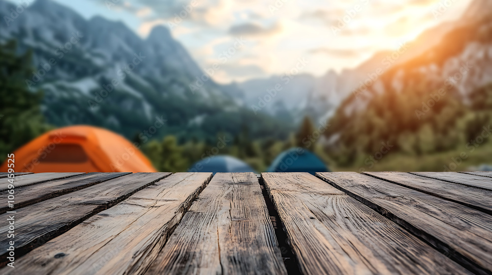 Aufkleber wooden table background of free space for your decoration and blurred background of camping in mount