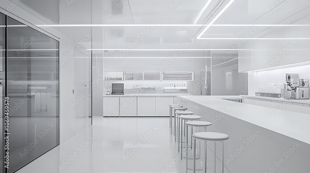 Poster a clean laboratory space with white and grey stools