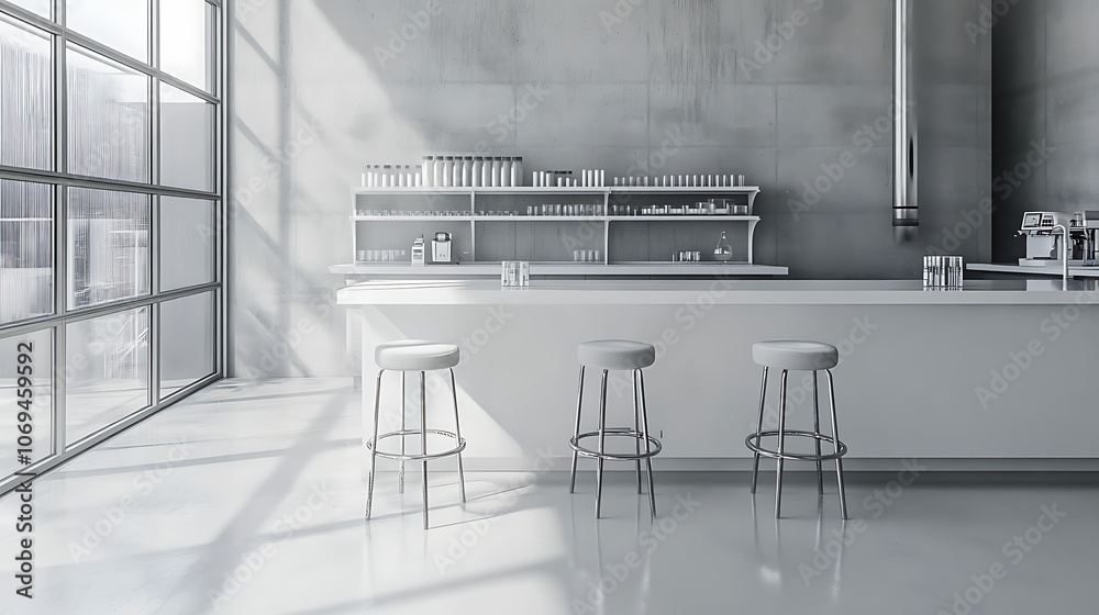 Poster a clean laboratory space with white and grey stools