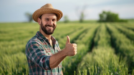 Fototapeta premium Farmer in straw hat gives thumbs up in green young wheat field