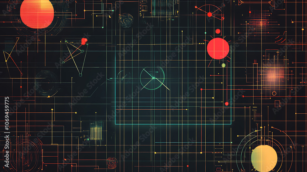 Poster an electro engineering background with grid lines and electronics symbols