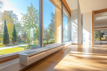 Fototapeta premium Bright and airy modern living room with large windows and sleek baseboard heater inviting natural light in