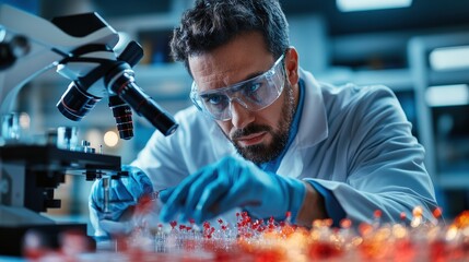 A scientist in protective gear focuses on analyzing details of biological samples under a microscope, representing scientific research and dedication in a modern lab.