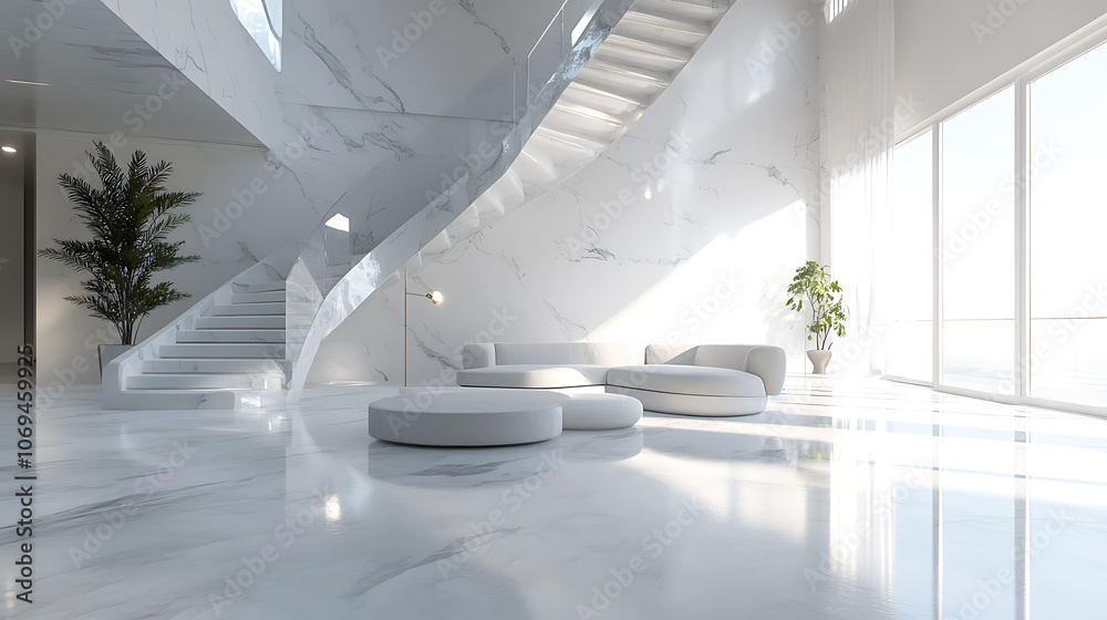 Poster elegant modern living room in a space with a marbled staircase mockup 3d rendering