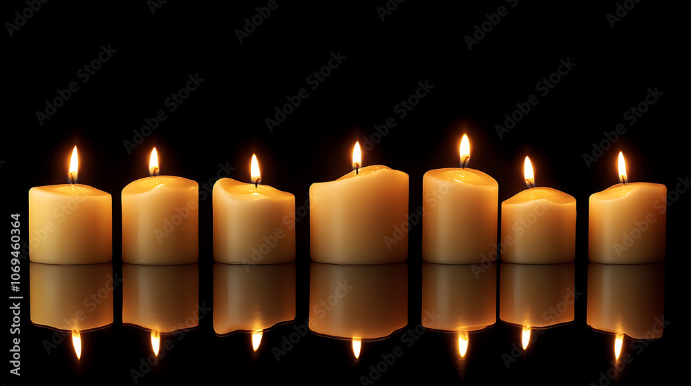 Poster rows of lit candles in a dark background