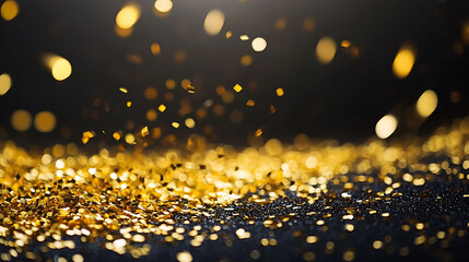 raining gold confetti isolated on black, party background concept with copy space for award ceremony, New Year's Eve and jubilee