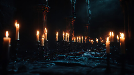 rows of lit candles in a dark background