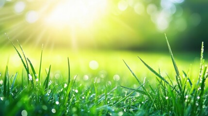 Obraz premium Close-up shot of a dewdrop-covered green grass blade, with a soft-focus background of a lush field, morning light casting gentle highlights, serene and natural atmosphere, 