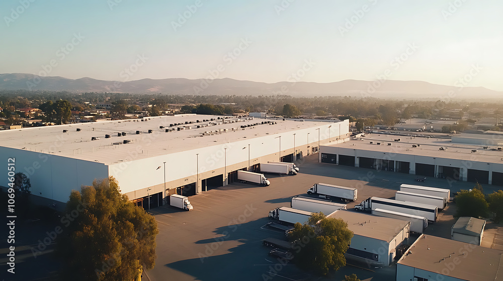 Poster white warehouse with trucks in front of it and outside the building