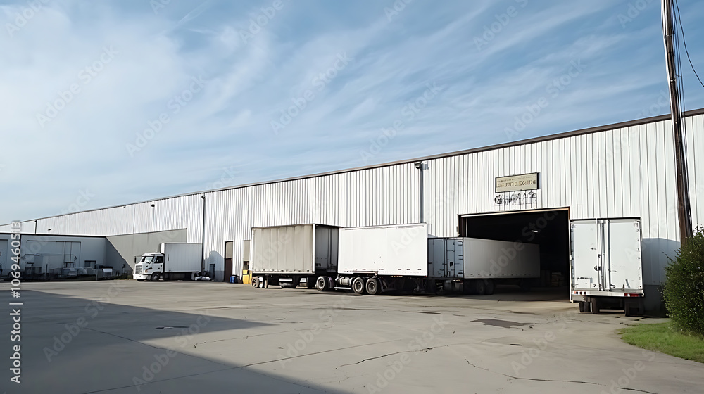 Poster white warehouse with trucks in front of it and outside the building