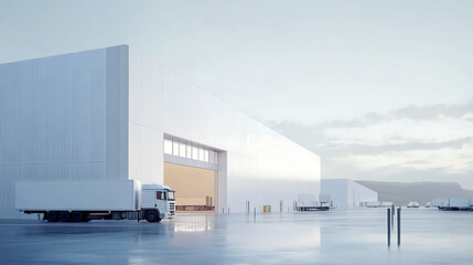 Fototapeta premium white warehouse with trucks in front of it and outside the building