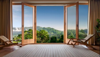 Fototapeta premium A calm room for meditation with Mountain View Through French Doors