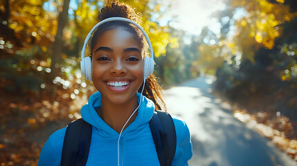 Smiling Woman in Blue Hoodie Wearing Headphones Walking on a Path