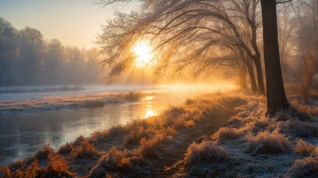 Golden sunrise over a frosty riverbank with mist and trees in quiet morning light