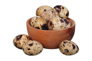 Quail eggs in a wooden bowl isolated transparent