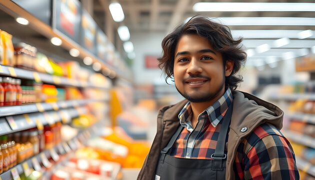 Portrait of a grocery clerk at the supermarket isolated with white highlights, png