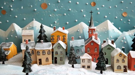 Naklejka premium Christmas card showing winter village, Christmas festival concept.