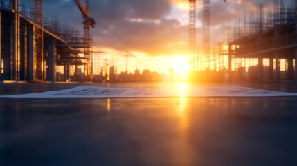 A sunset casts a warm glow over a construction site, highlighting cranes and scaffolding against a vibrant, colorful sky.