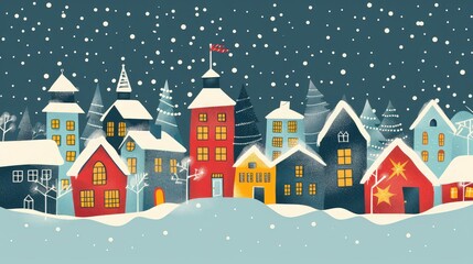 Christmas card showing winter village, Christmas festival concept.