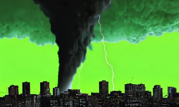 Black clouds of tornadoes and lightning flashed on a town with green background