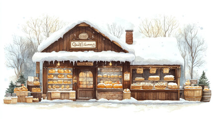 A snow-covered bakery displays bread and pastries on wooden shelves. Concept of winter holiday charm and cozy bakery ambiance.