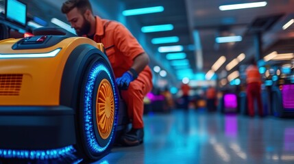 Fototapeta premium In a high-tech environment, a technician adjusts the wheel of a futuristic robotic vehicle, highlighting advanced mechanical engineering and innovation.