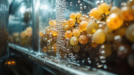Fresh white grapes being washed and sorted in a vineyard during harvest