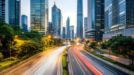Obraz premium A busy highway with blurred lights leading into a city skyline with tall buildings at dusk.