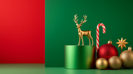 Fototapeta premium Christmas Display with Golden Decorations and Empty Podiums