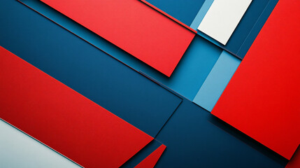 Abstract red and blue color blocks with white accents and geometric design.