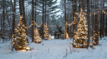 Fototapeta premium Christmas Festival Christmas tree decorated with lights and gifts in a snowy forest.