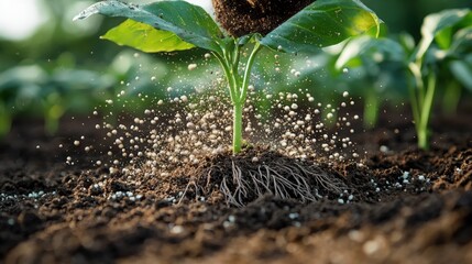Gardener applying fertilizer to young green plant in rich soil on a sunny day