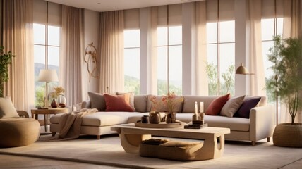 Fototapeta premium A modern living room with a large sectional sofa, a coffee table, and large windows overlooking a green landscape.