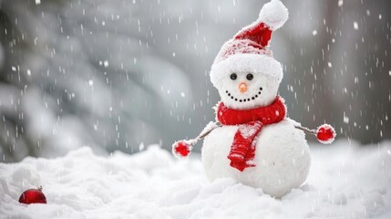 Obraz premium Merry Christmas and New Year greeting card with cute snowman standing in snowy winter Christmas landscape.