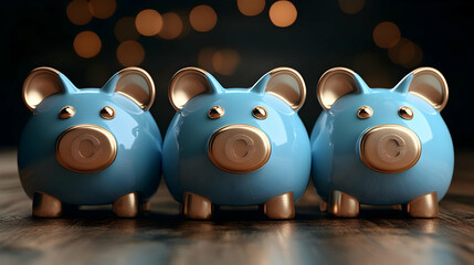 Blue Piggy Banks with Gold Accents - 3D Illustration