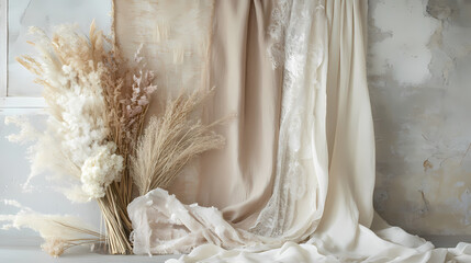 Feathery whispers: pampas grass and delicate fabrics intertwine, creating an ethereal and textured backdrop in a tranquil, neutral palette. Ethereal. Illustration