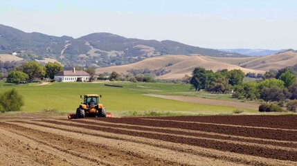 Naklejka premium Tractor Working on a Field with a View