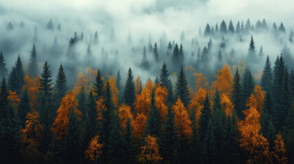 A dense forest of tall trees with yellow and orange leaves, shrouded in misty clouds