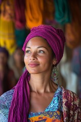 A welcoming scene of Lydia, the seller of purple cloth, hosting a gathering of early Christians in her home, surrounded by vibrant textiles and warm fellowship, embodying hospitality and leadership.

