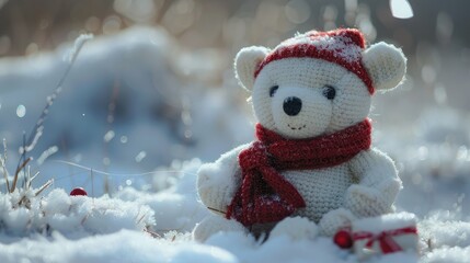 Christmas concept, white teddy polar bear with red scarf and hat in snowdrift. snowflakes in the air