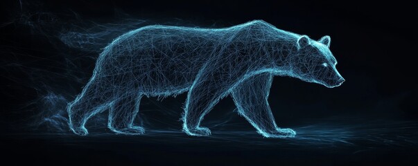 Bear made of glowing lines on dark background, digital art concept