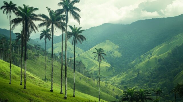 Close up of cocora valley, colombia  majestic wax palm trees amidst lush green hills and festivities
