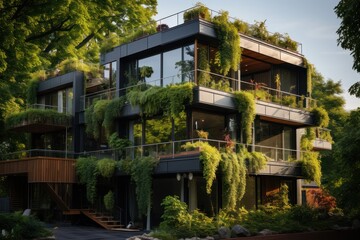 A modern, sleek, black house with a lush, green, living wall and a patio in front.
