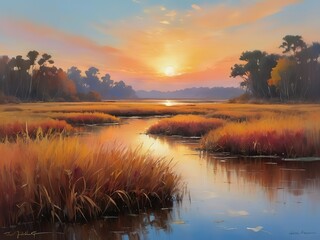 Fototapeta premium Serene sunset over a tranquil marshland with vibrant grasses.