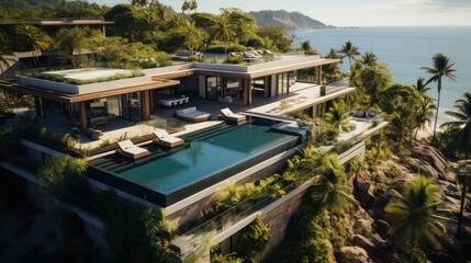 Modern villa on a cliff overlooking a tropical beach with a pool and lush greenery.