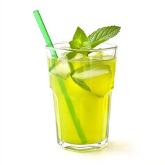 A glass of chilled mint lemonade, isolated on a white background, highlighting a refreshing beverage