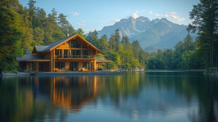 Obraz premium A wooden house with a large deck sits on the edge of a lake with mountains in the background. The water is still and reflects the sky and the house.