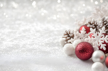 Christmas background with white snowflakes and red ornaments on the bottom, creating an elegant...