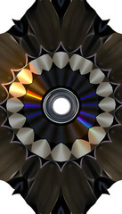 Fototapeta premium An abstract geometrical pattern created by applying fractal mirroring to a photo I took of a common DVD disc isolated with white highlights, png